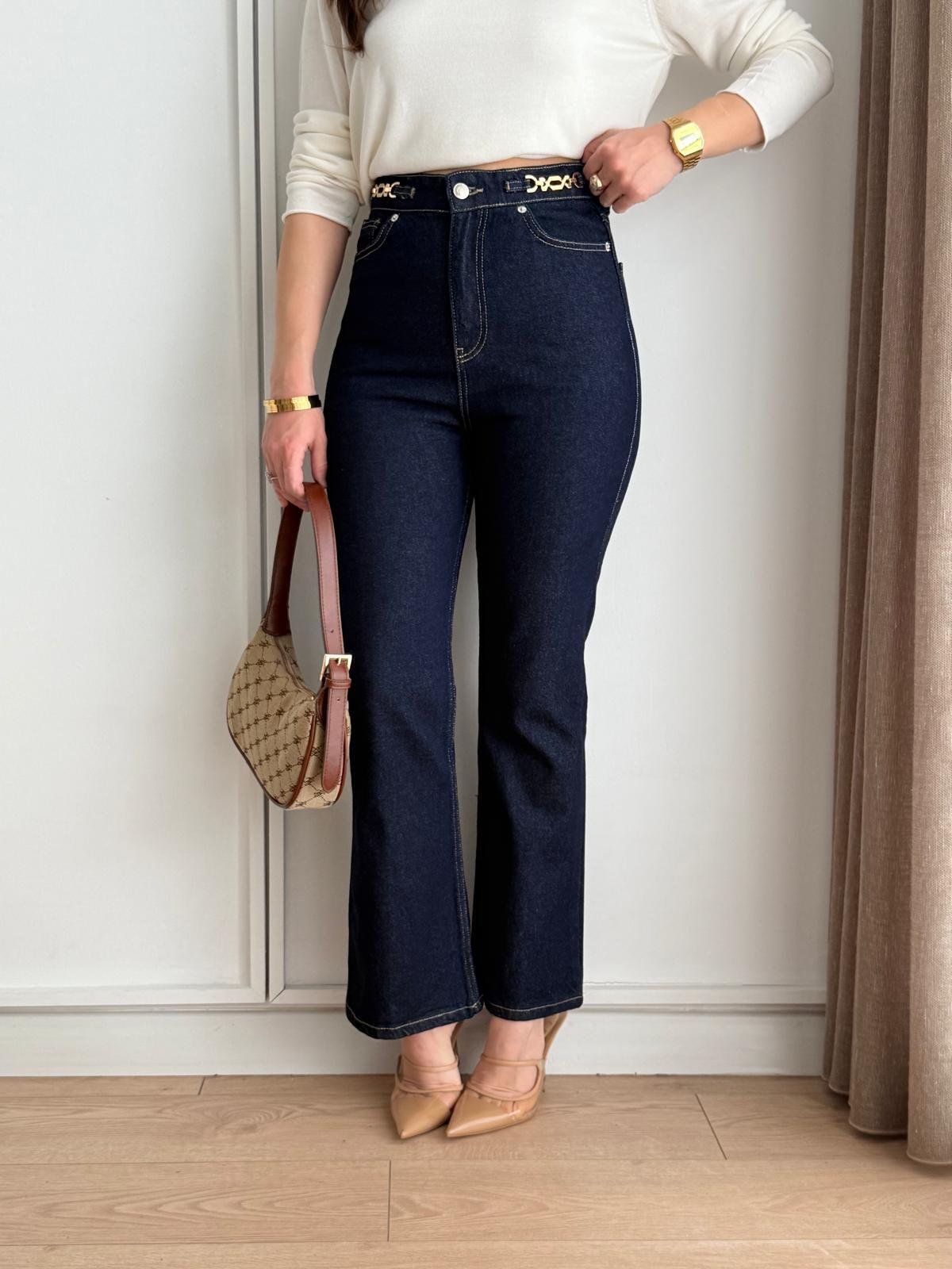 Lacivert Bel Toka Detaylı Flare Jean 251002