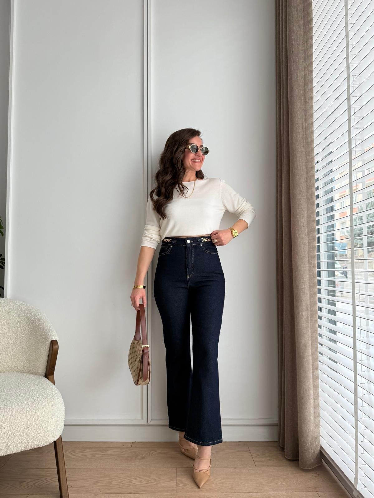 Lacivert Bel Toka Detaylı Flare Jean 251002