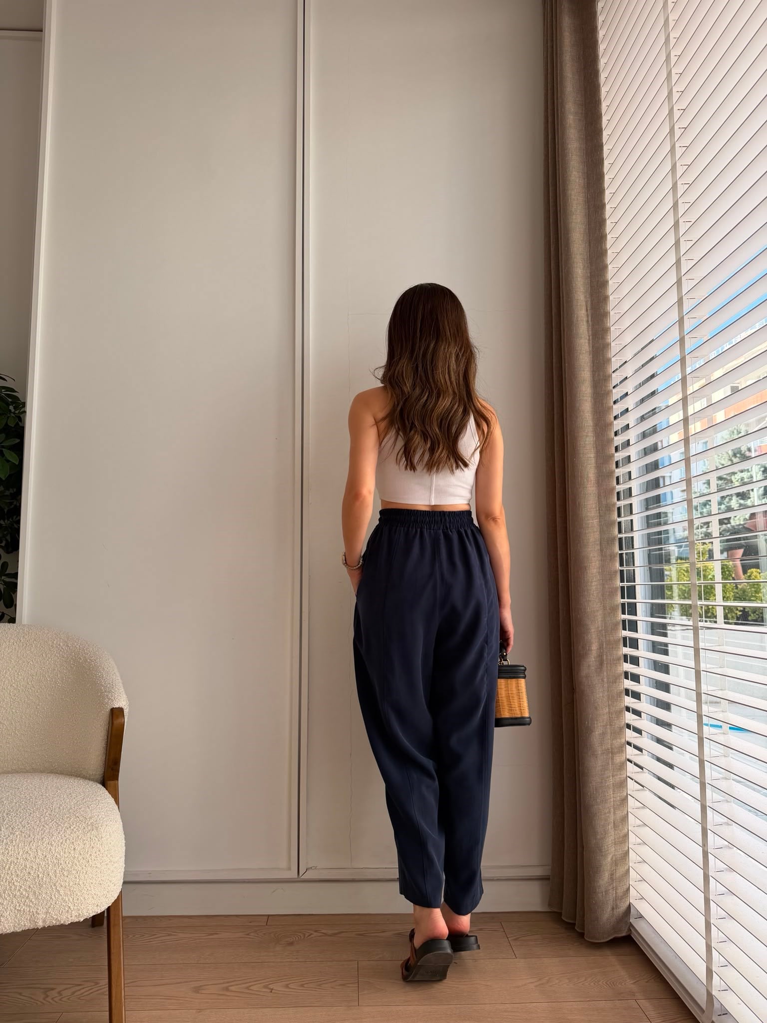 Lacivert Beli Lastikli Tensel Havuç Pantolon 581175