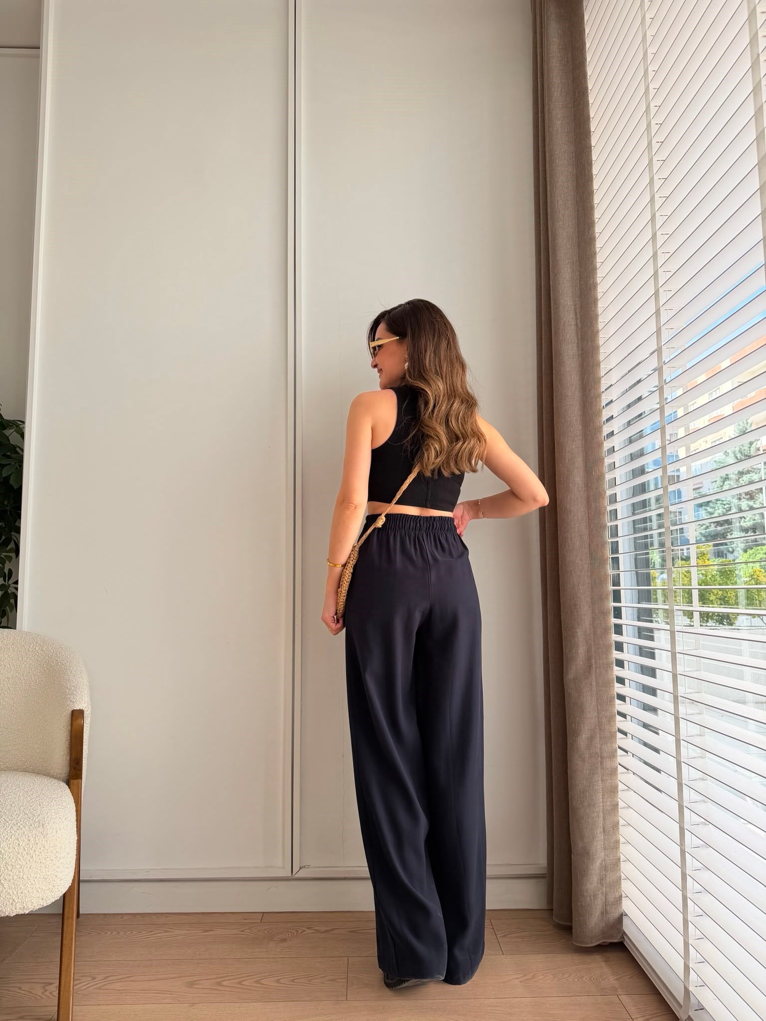 Lacivert Beli Lastikli Tensel Palazzo Pantolon 3950