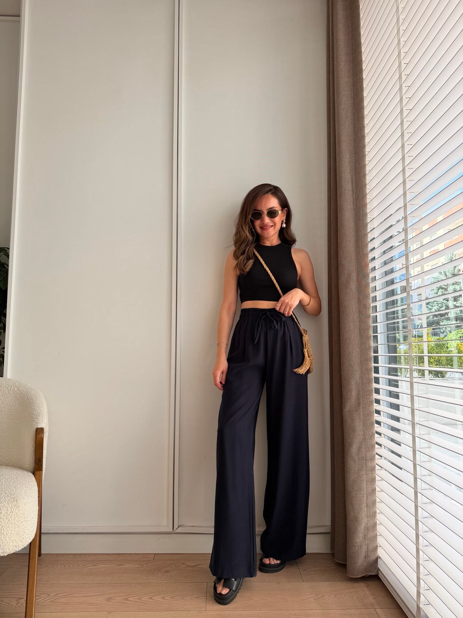 Lacivert Beli Lastikli Tensel Palazzo Pantolon 3950