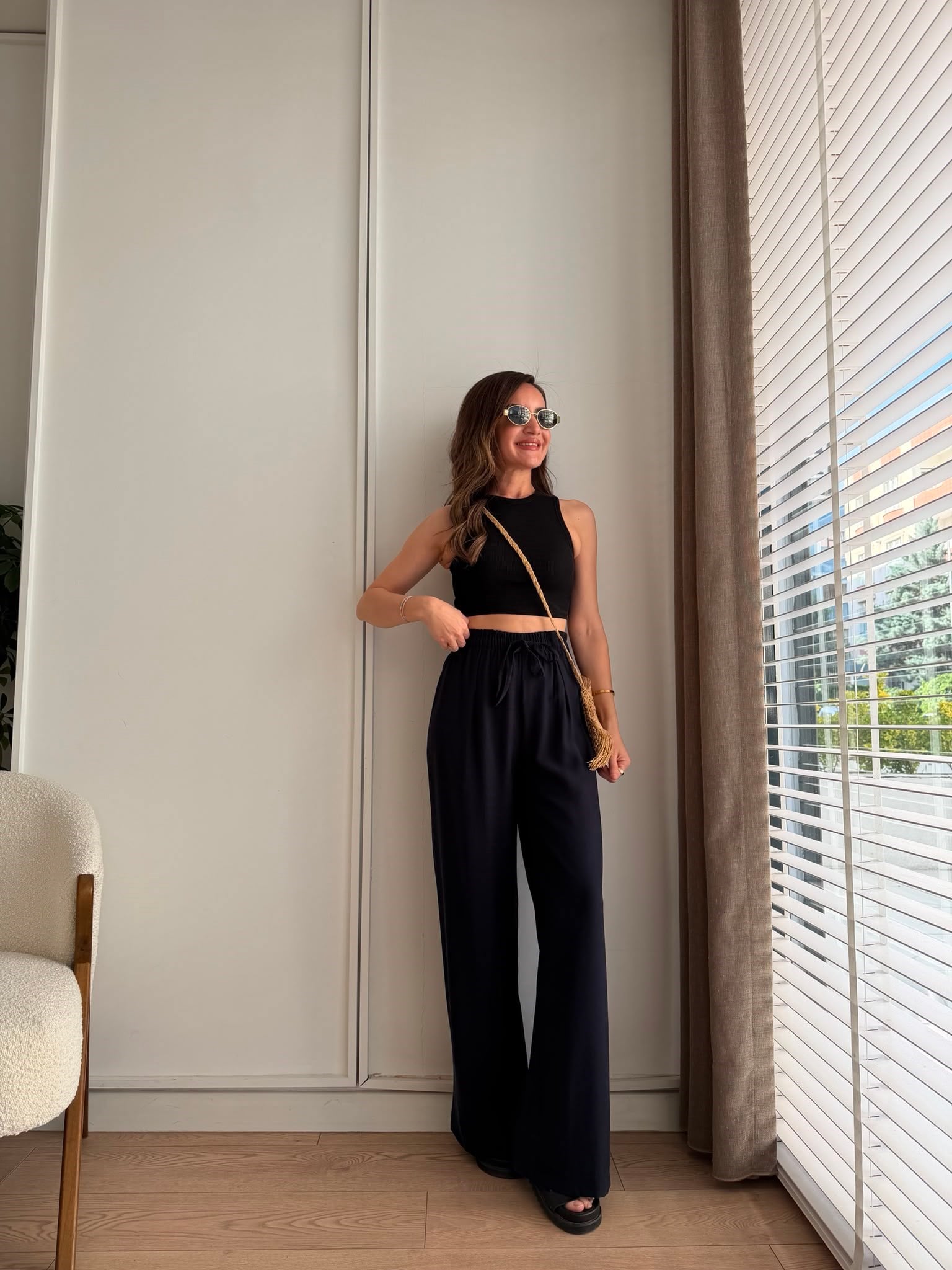 Lacivert Beli Lastikli Tensel Palazzo Pantolon 3950