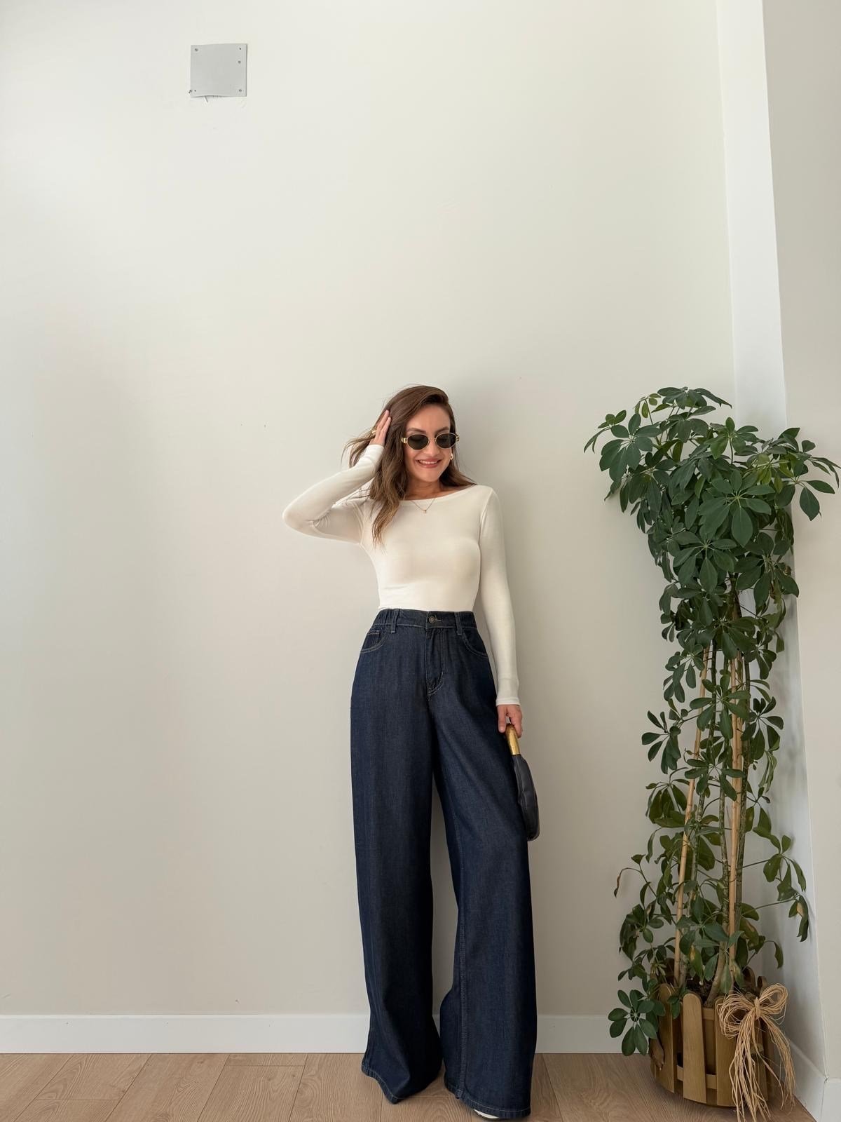 Lacivert Beli Lastikli Tensel Palazzo Jean 1071