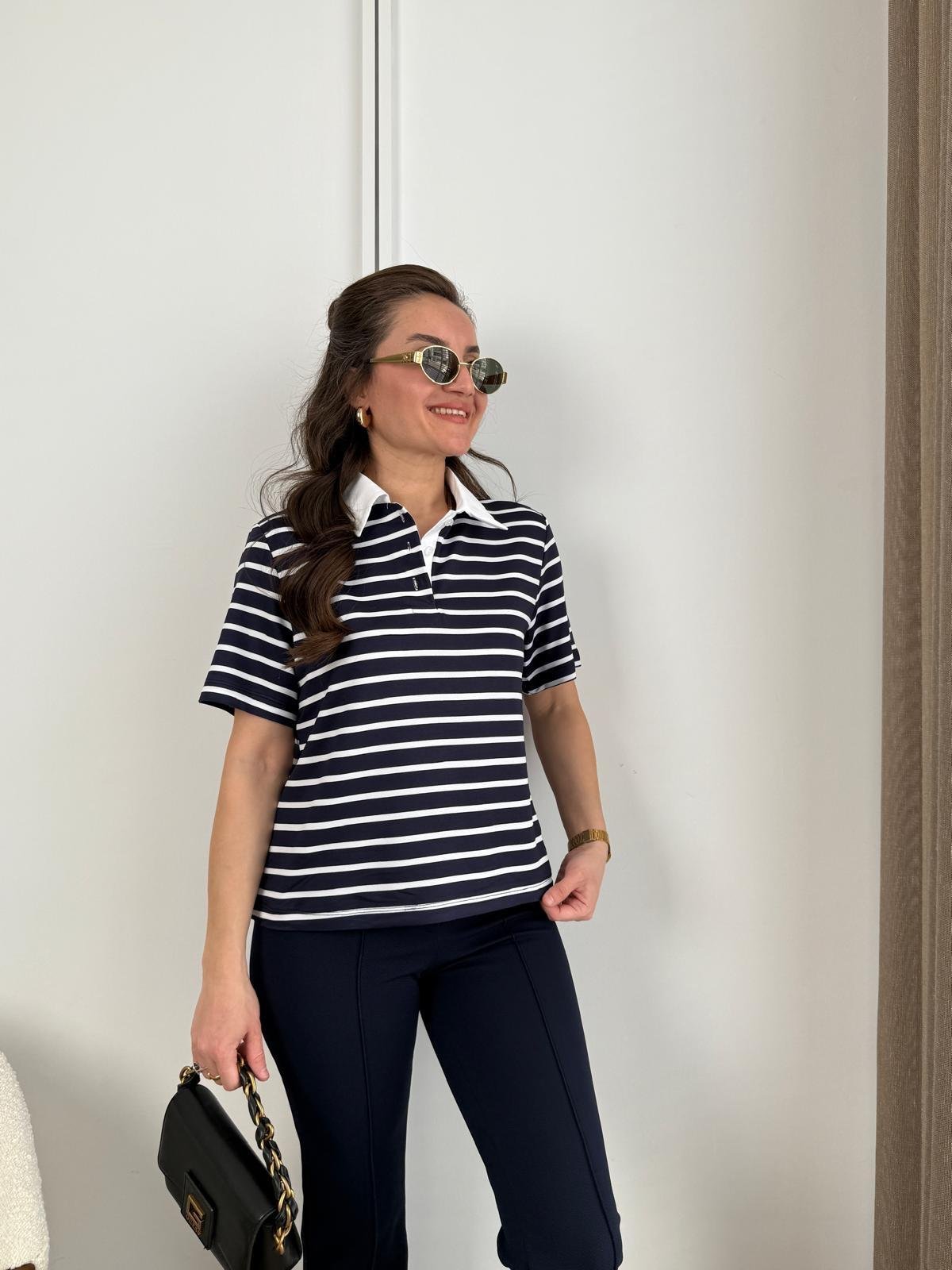 Lacivert Beyaz Çizgili Polo Yaka Bluz 35867
