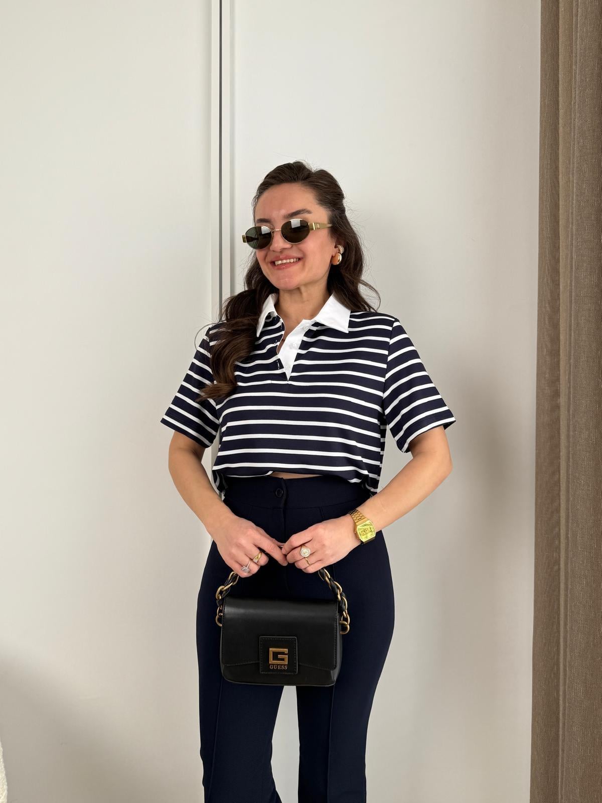 Lacivert Beyaz Çizgili Polo Yaka Bluz 35867