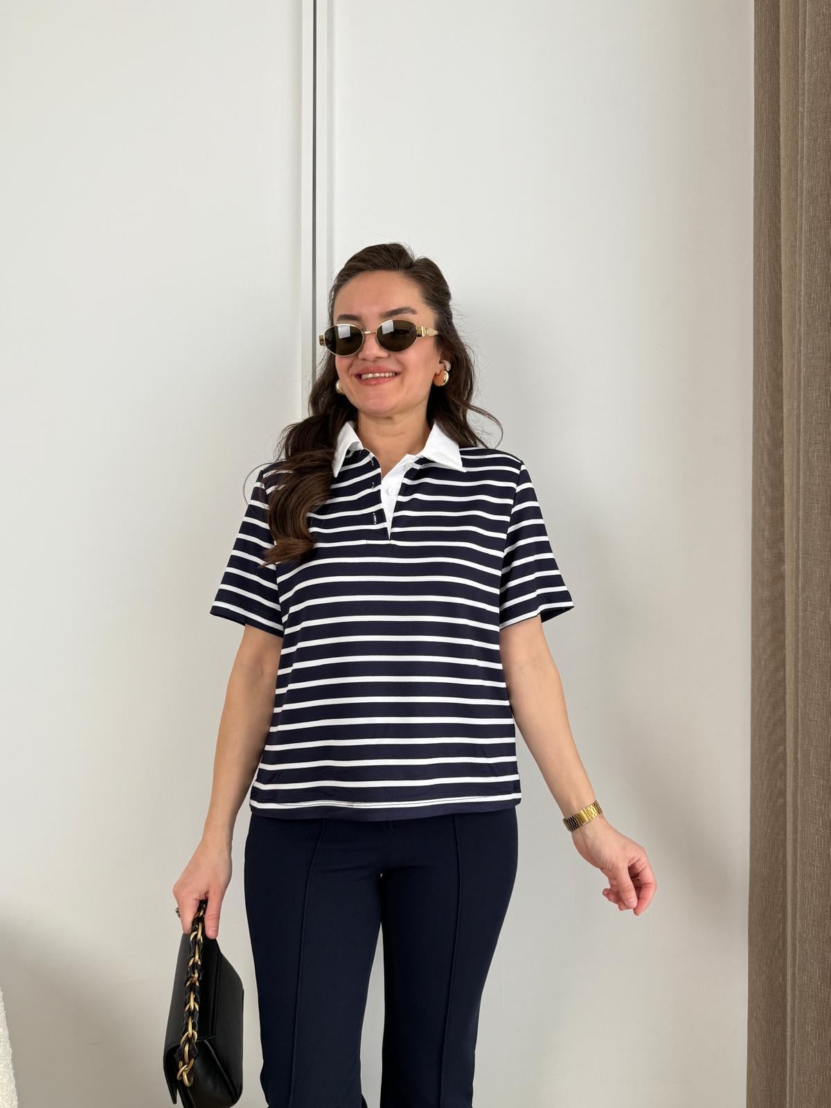 Lacivert Beyaz Çizgili Polo Yaka Bluz 35867