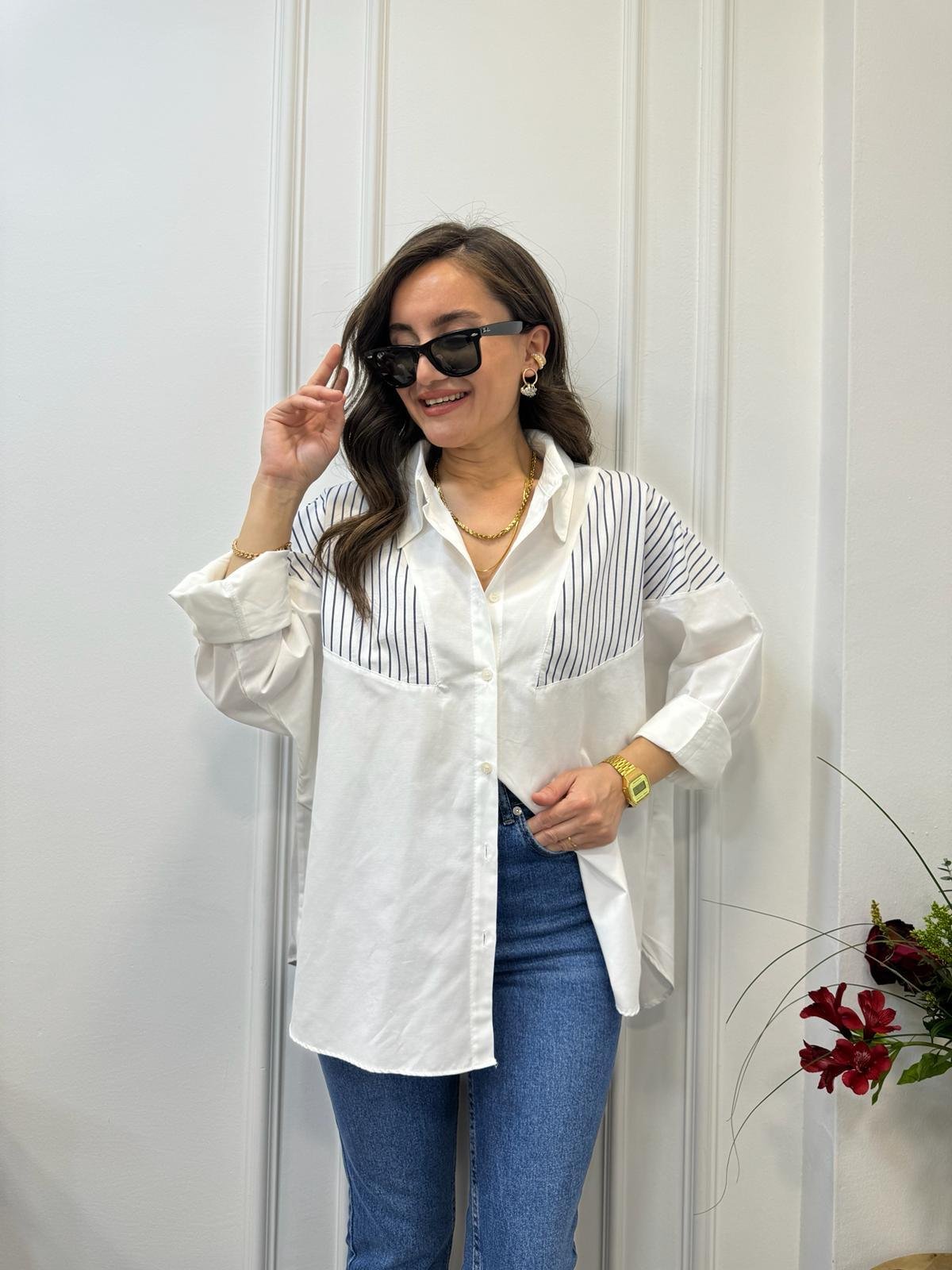 Lacivert Beyaz Omuz Çizgi Detaylı Oversize Gömlek 28395