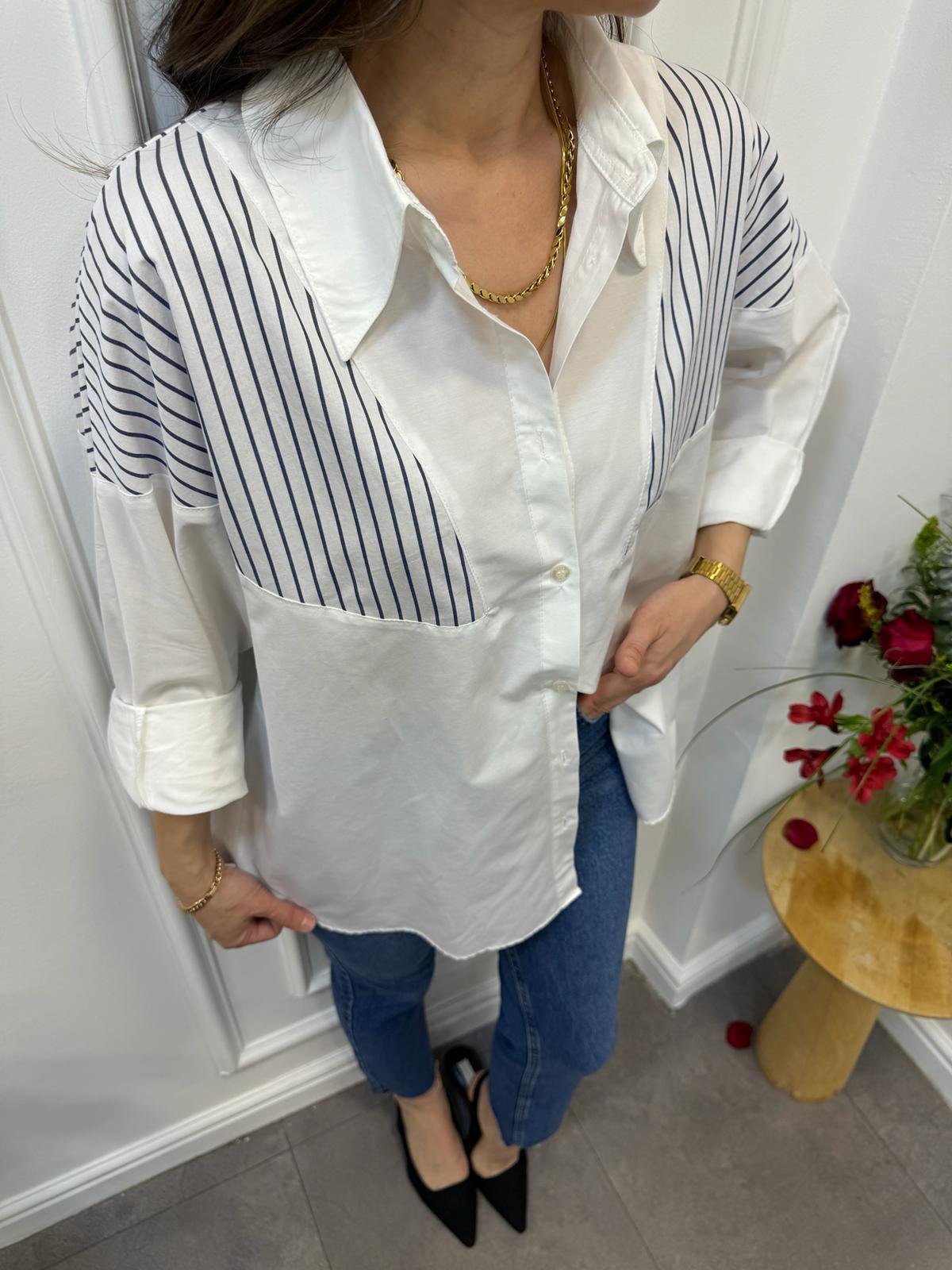 Lacivert Beyaz Omuz Çizgi Detaylı Oversize Gömlek 28395