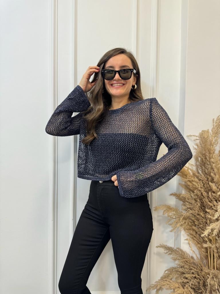 Lacivert Bisiklet Yaka Ajur Desen Crop Kazak 10350