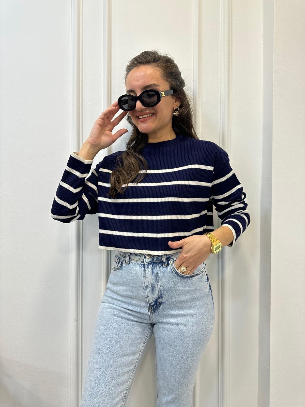 Lacivert Bisiklet Yaka Çizgili Fitilli Triko Bluz 4236