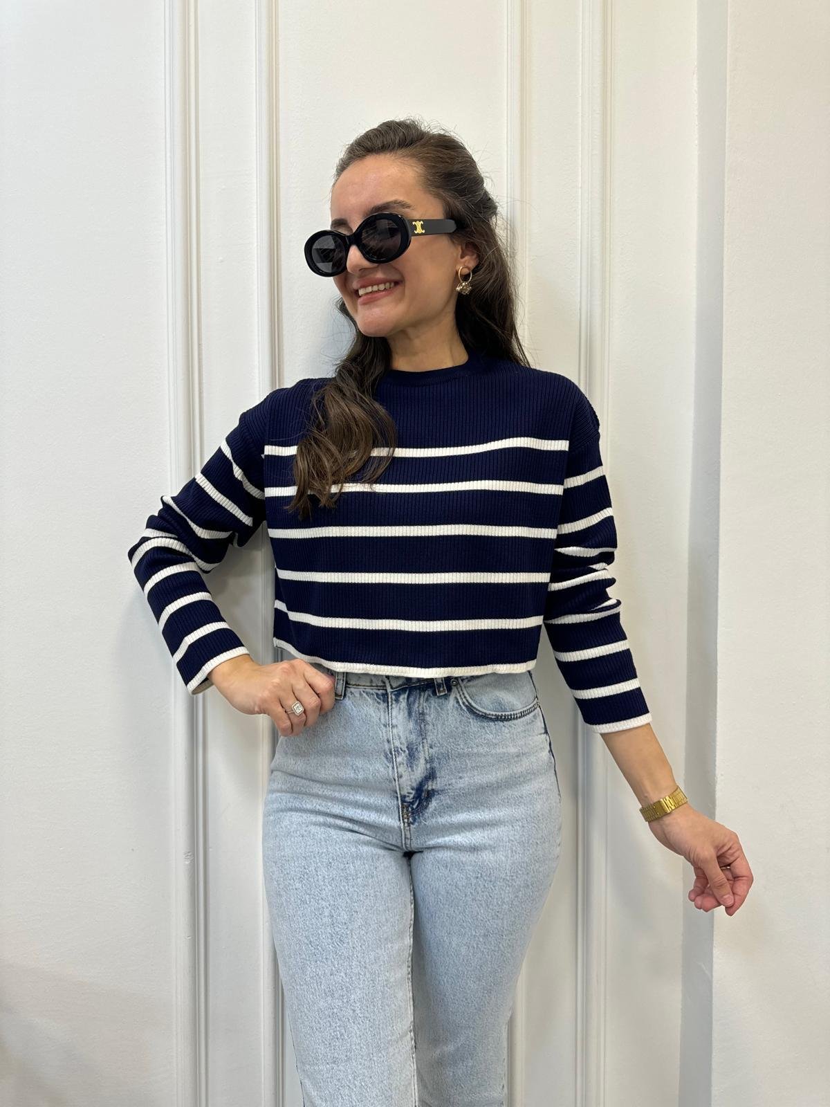 Lacivert Bisiklet Yaka Çizgili Fitilli Triko Bluz 4236