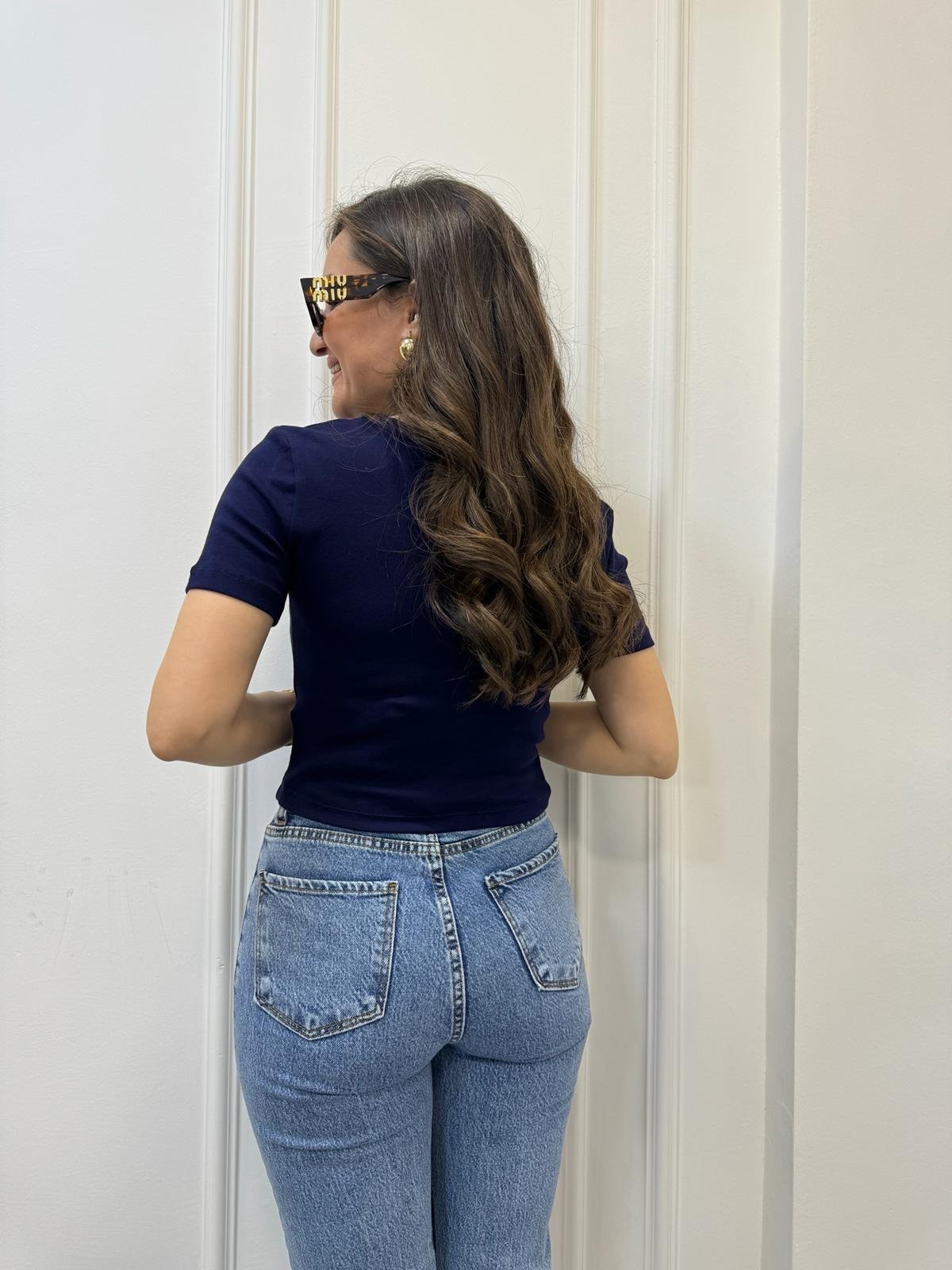 Lacivert Bisiklet Yaka Kısa Kol Crop Tişört 30124