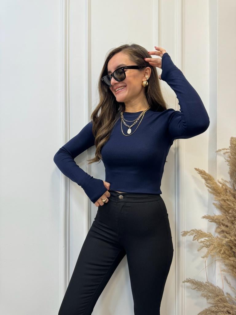 Lacivert Bisiklet Yaka Parmak Geçme Detaylı Bluz 5068