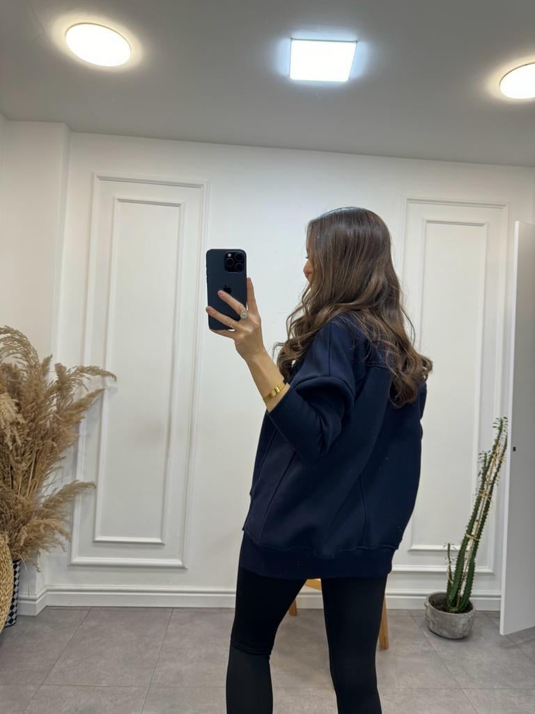 Lacivert Bisiklet Yaka Yırtmaçlı Geniş Manşetli Sweatshirt E013