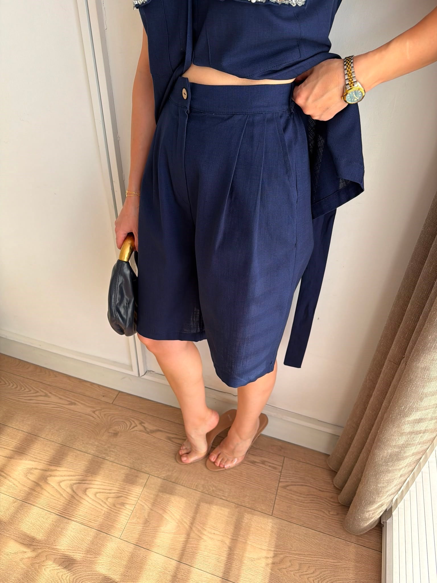Lacivert Boncuk İşlemeli Kemerli Şort Takım 1426
