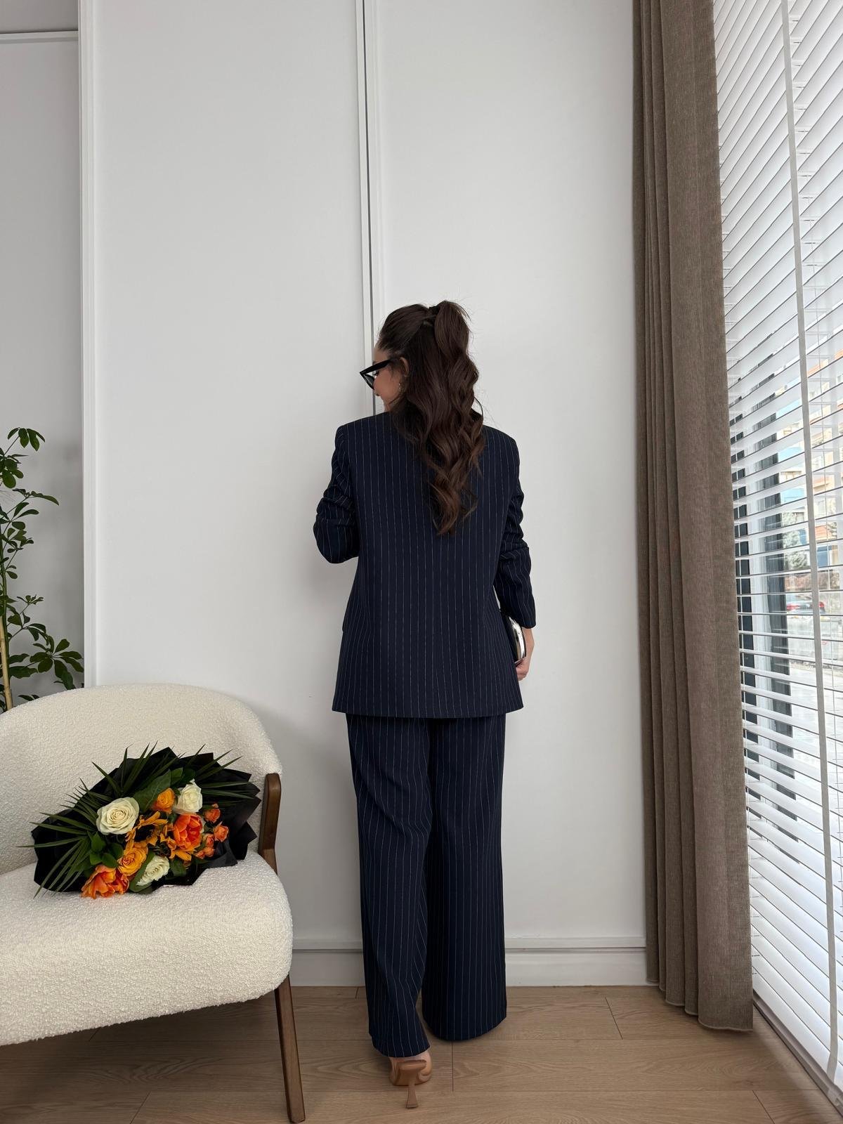 Lacivert Bronş Detaylı Çizgili Bol Paça Tasarım Blazer Takım 3508