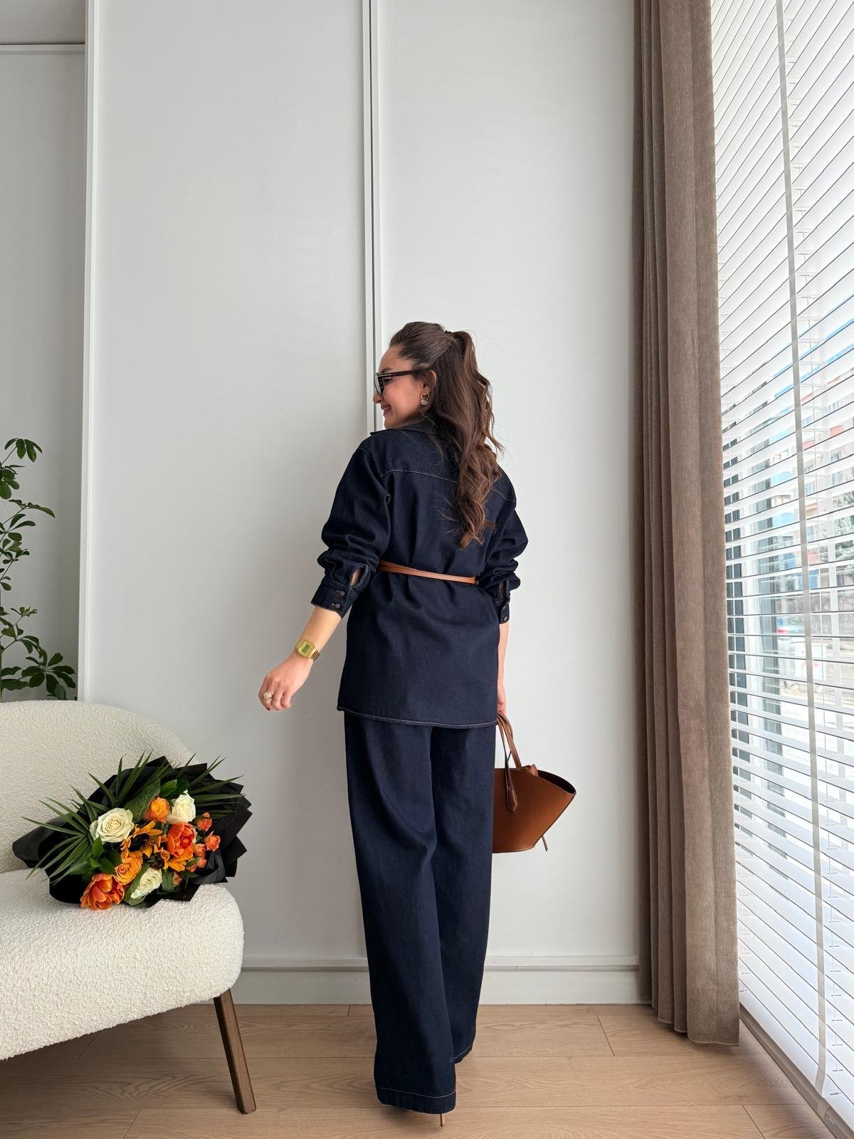 Lacivert Çift Kemerli Bel Lastikli Denim Takım 8627