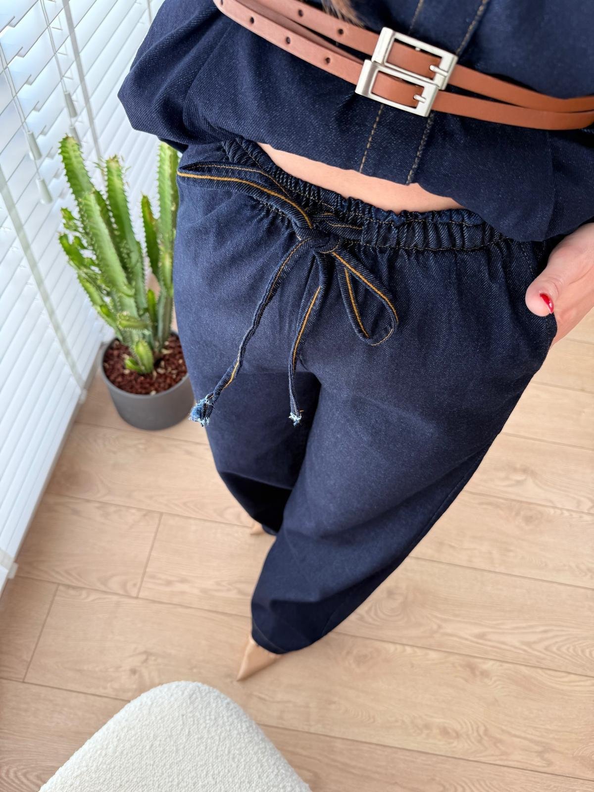 Lacivert Çift Kemerli Bel Lastikli Denim Takım 8627