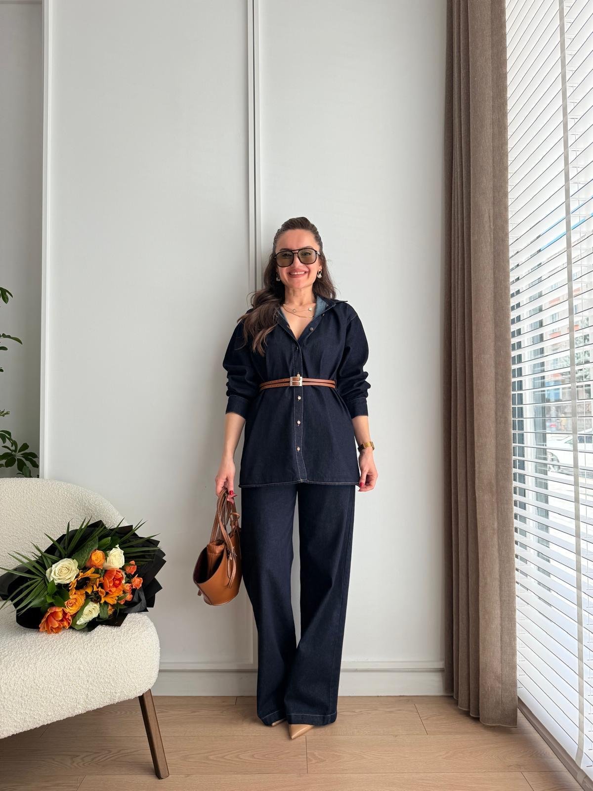Lacivert Çift Kemerli Bel Lastikli Denim Takım 8627