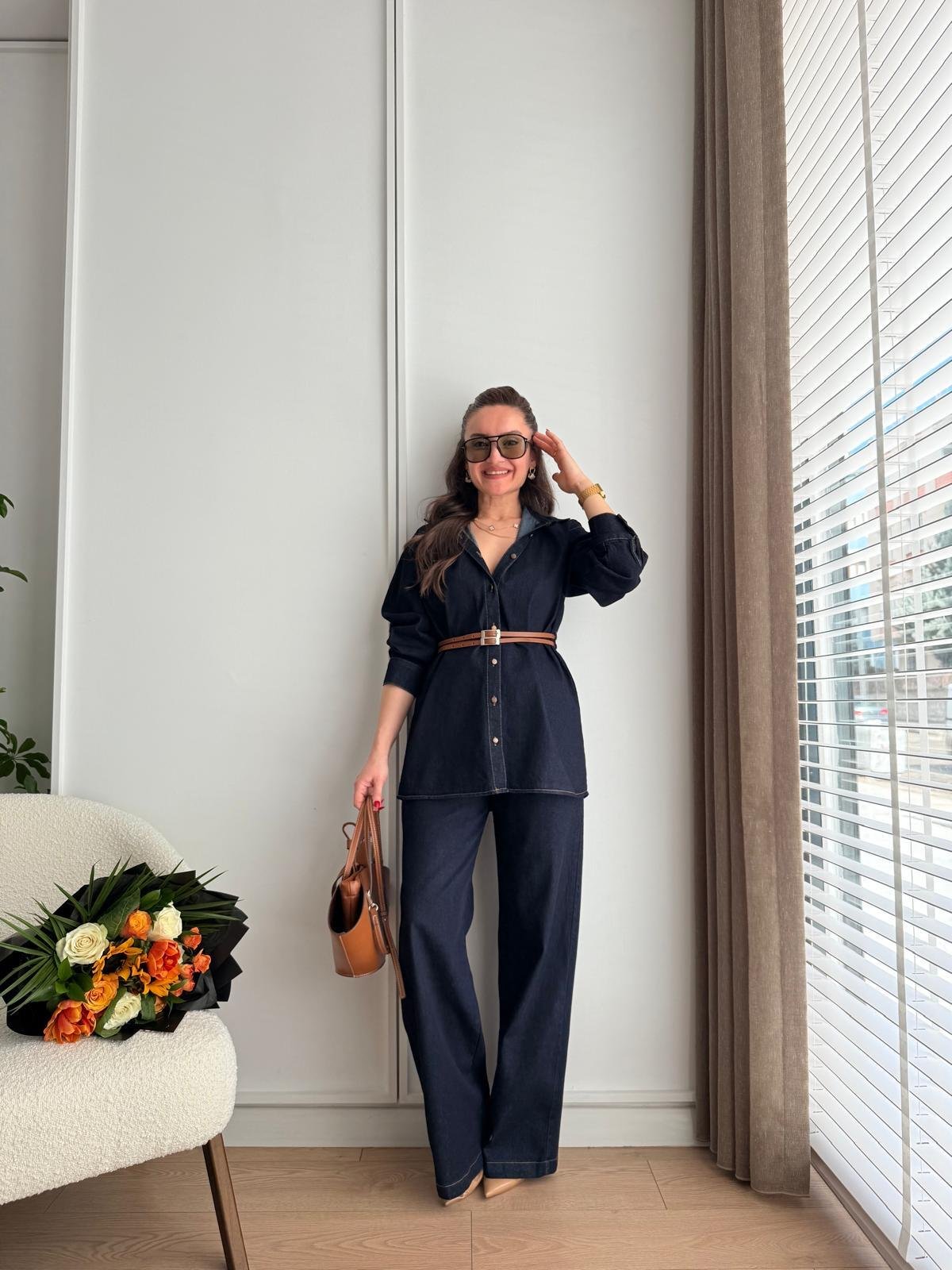 Lacivert Çift Kemerli Bel Lastikli Denim Takım 8627
