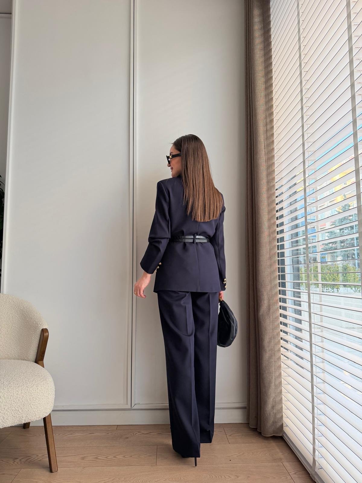 Lacivert Çift Kemerli Blazer Ceket Pantolon Takım 9268