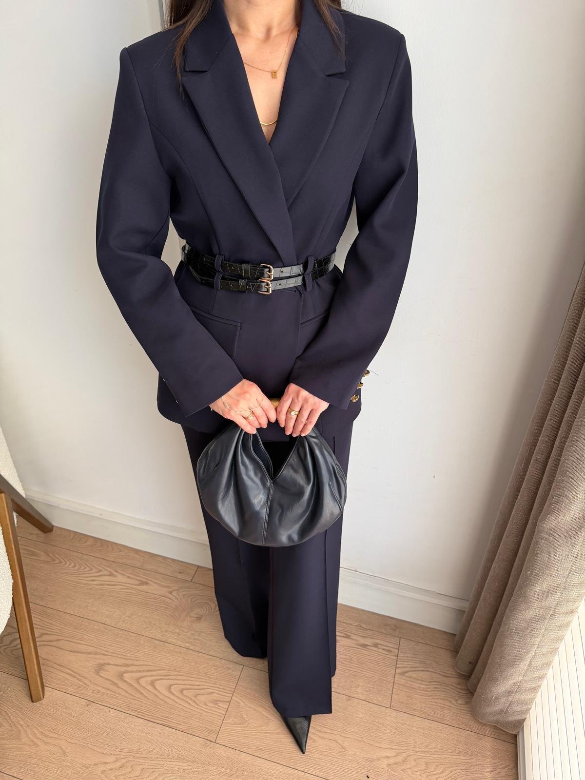 Lacivert Çift Kemerli Blazer Ceket Pantolon Takım 9268