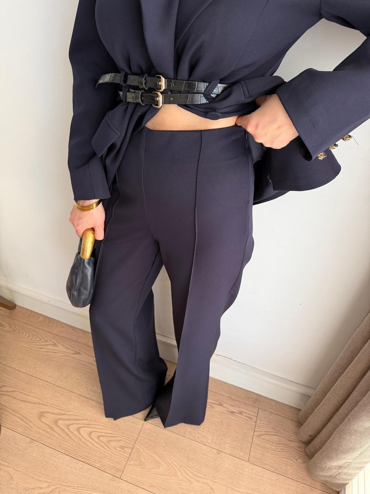 Lacivert Çift Kemerli Blazer Ceket Pantolon Takım 9268