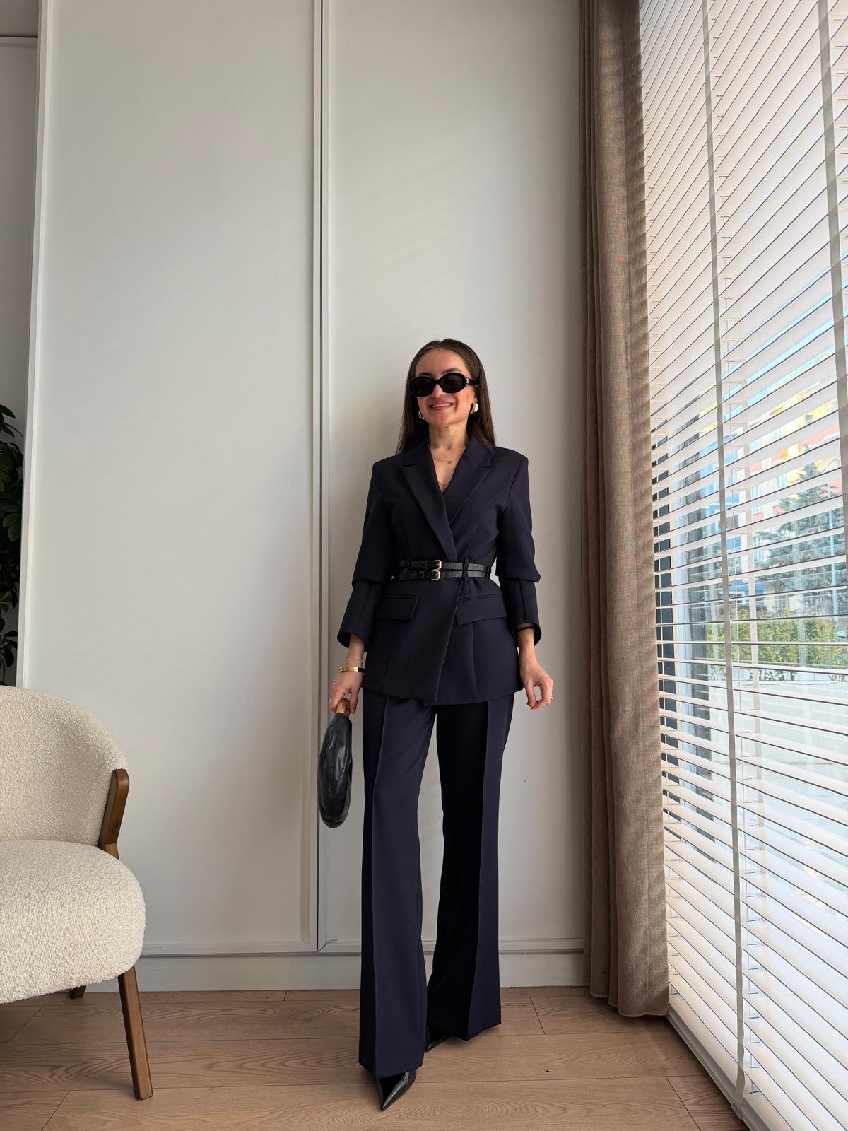 Lacivert Çift Kemerli Blazer Ceket Pantolon Takım 9268