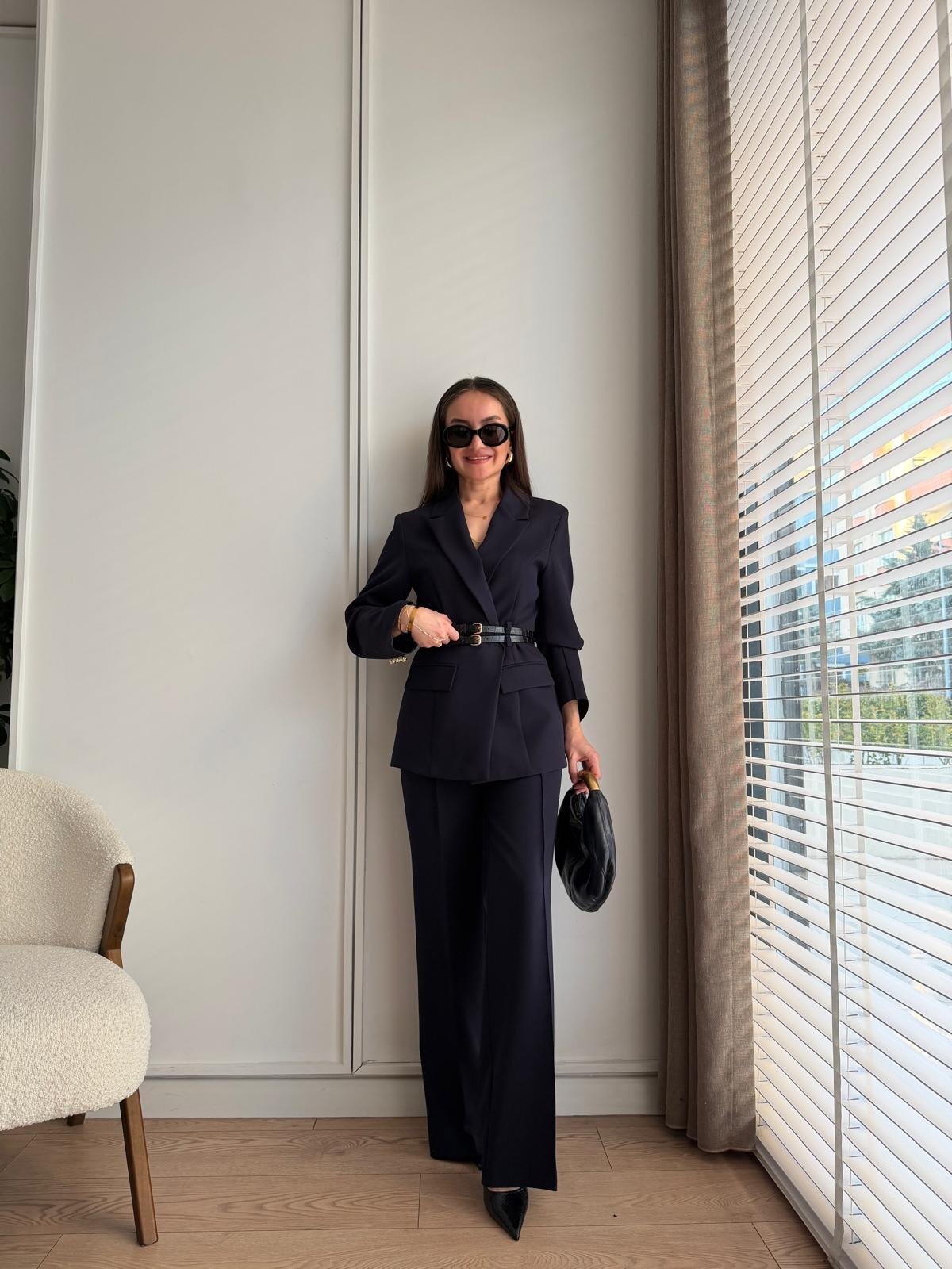 Lacivert Çift Kemerli Blazer Ceket Pantolon Takım 9268