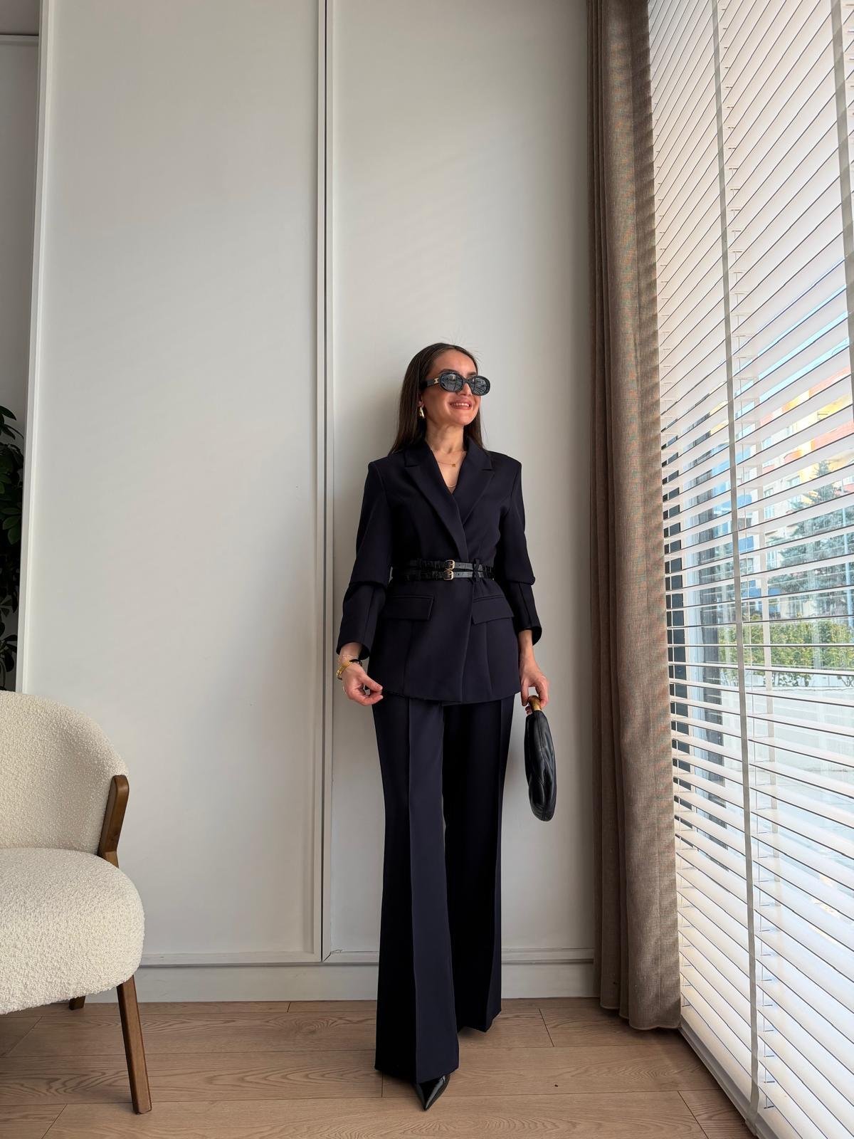 Lacivert Çift Kemerli Blazer Ceket Pantolon Takım 9268