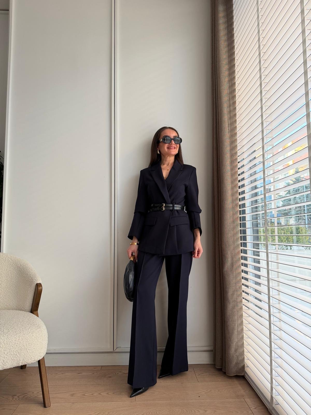 Lacivert Çift Kemerli Blazer Ceket Pantolon Takım 9268