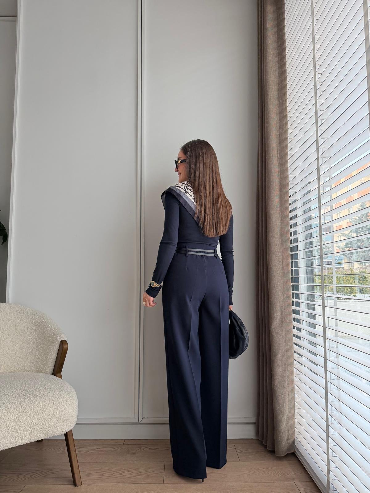 Lacivert Çift Kemerli Palazzo Pantolon 3663