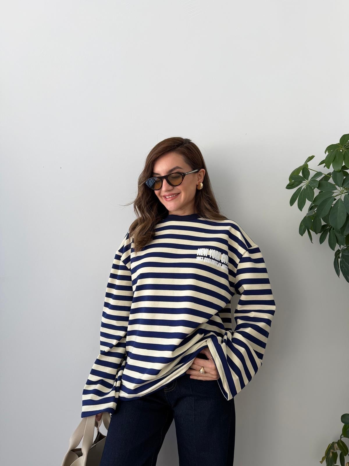 Lacivert Çizgili Baskılı Sweatshirt 1130