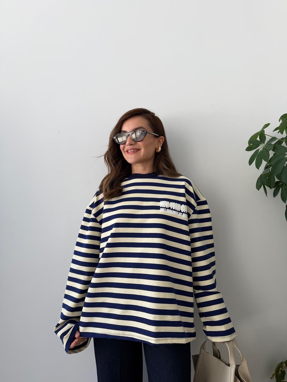 Lacivert Çizgili Baskılı Sweatshirt 1130