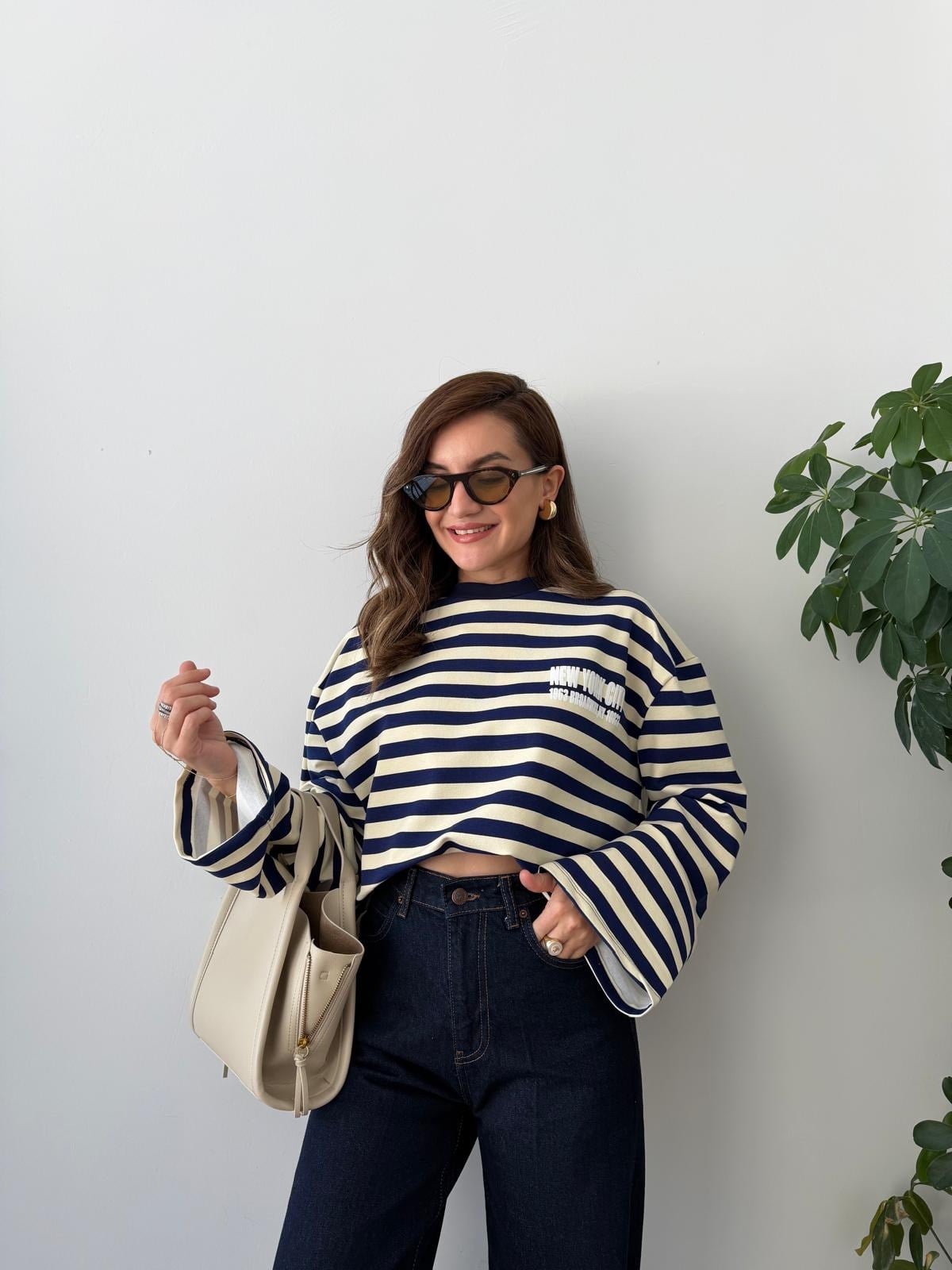 Lacivert Çizgili Baskılı Sweatshirt 1130