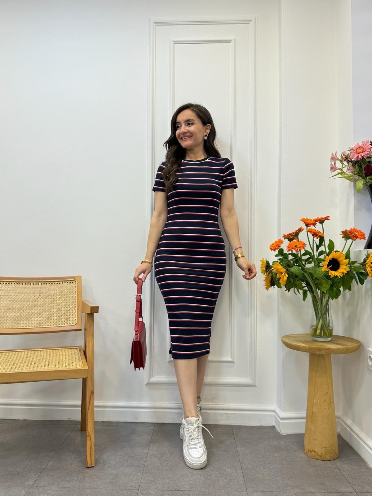 Lacivert Çizgili Orijinal Marka Kaşkorse Elbise 156