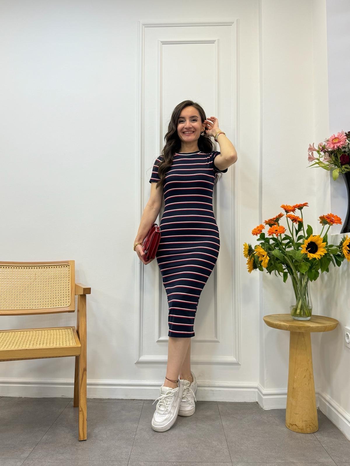 Lacivert Çizgili Orijinal Marka Kaşkorse Elbise 156