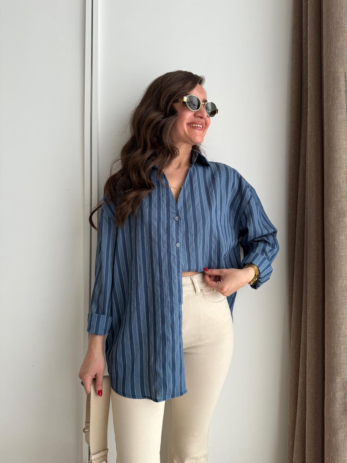 Lacivert Çizgili Oversize Gömlek 5299