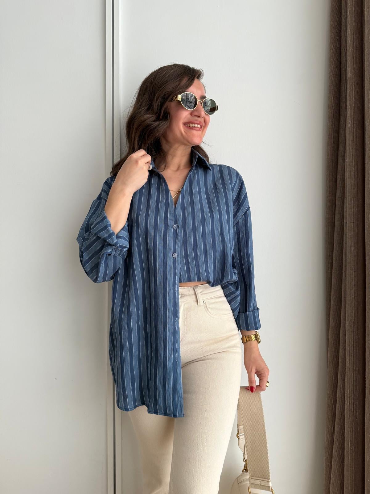 Lacivert Çizgili Oversize Gömlek 5299