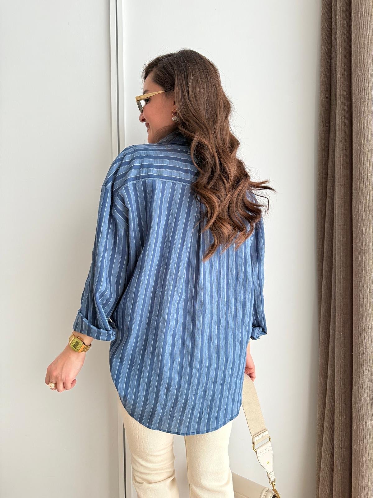 Lacivert Çizgili Oversize Gömlek 5299