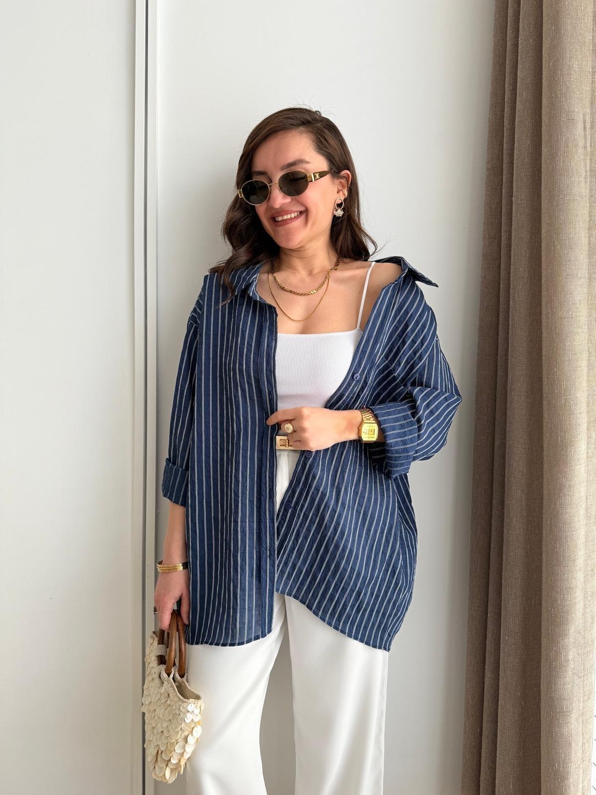 Lacivert Çizgili Oversize Gömlek 5320