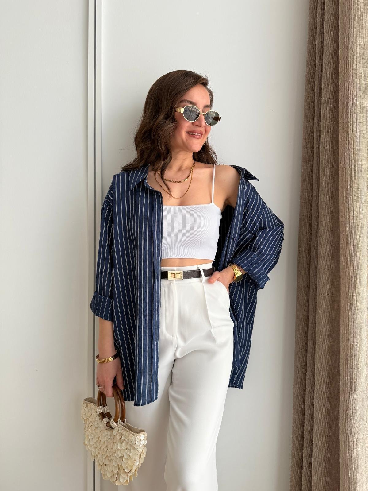 Lacivert Çizgili Oversize Gömlek 5320