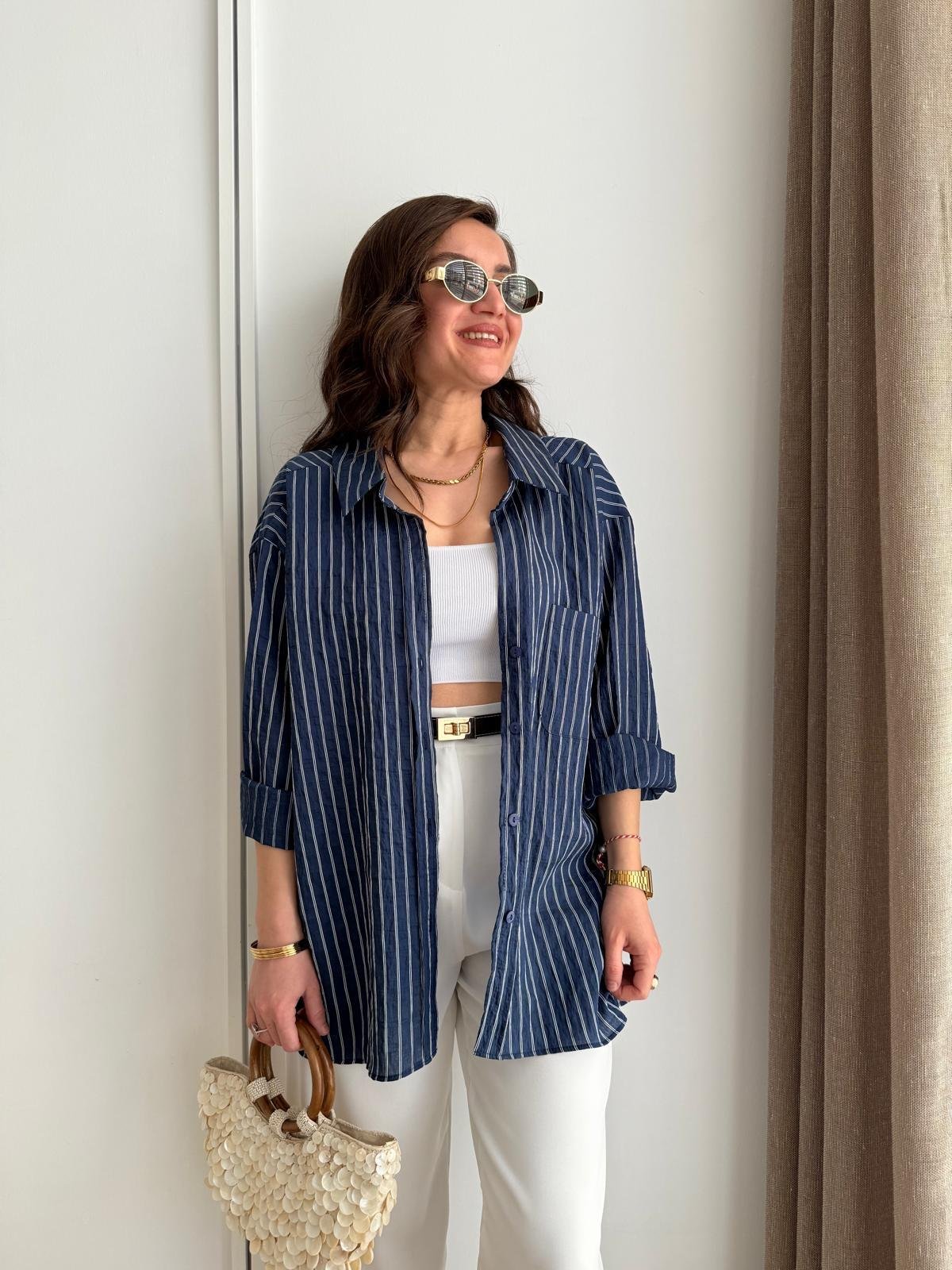 Lacivert Çizgili Oversize Gömlek 5320