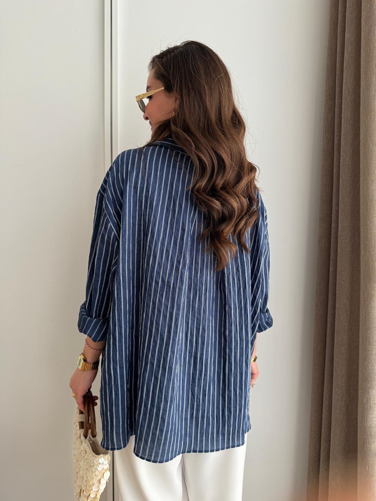 Lacivert Çizgili Oversize Gömlek 5320