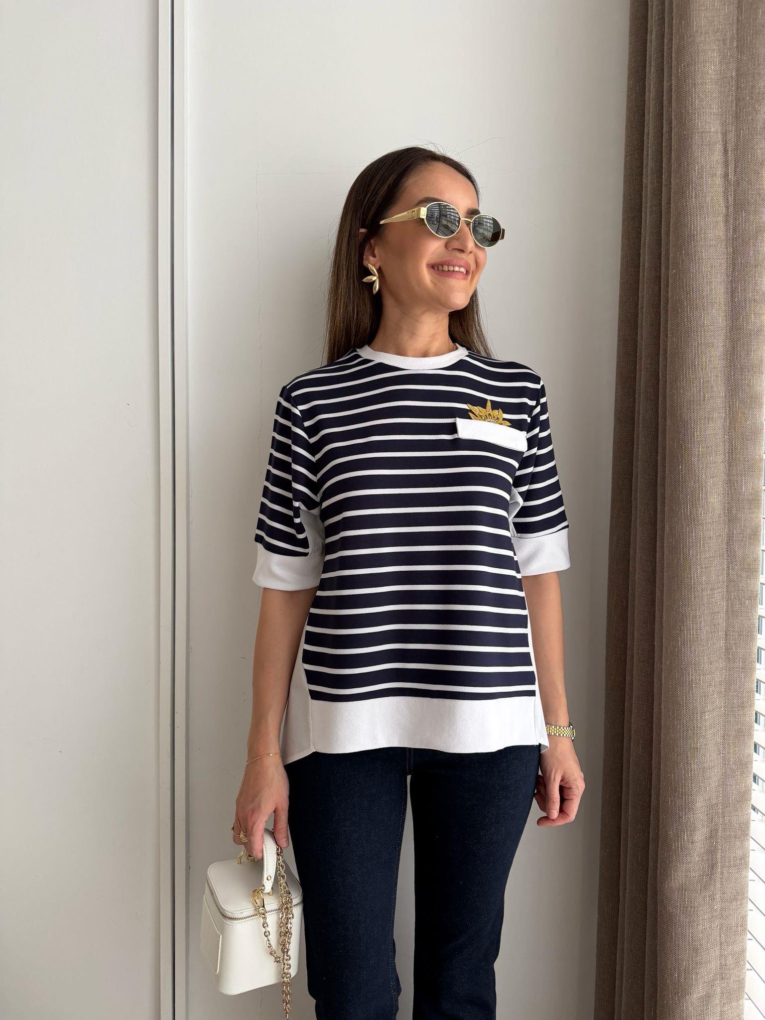 Lacivert Çizgili Taş Baskılı Tshirt 37453