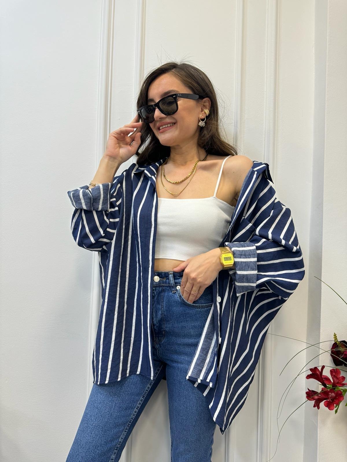Lacivert Çizgili Tek Cepli Oversize Gömlek 58093