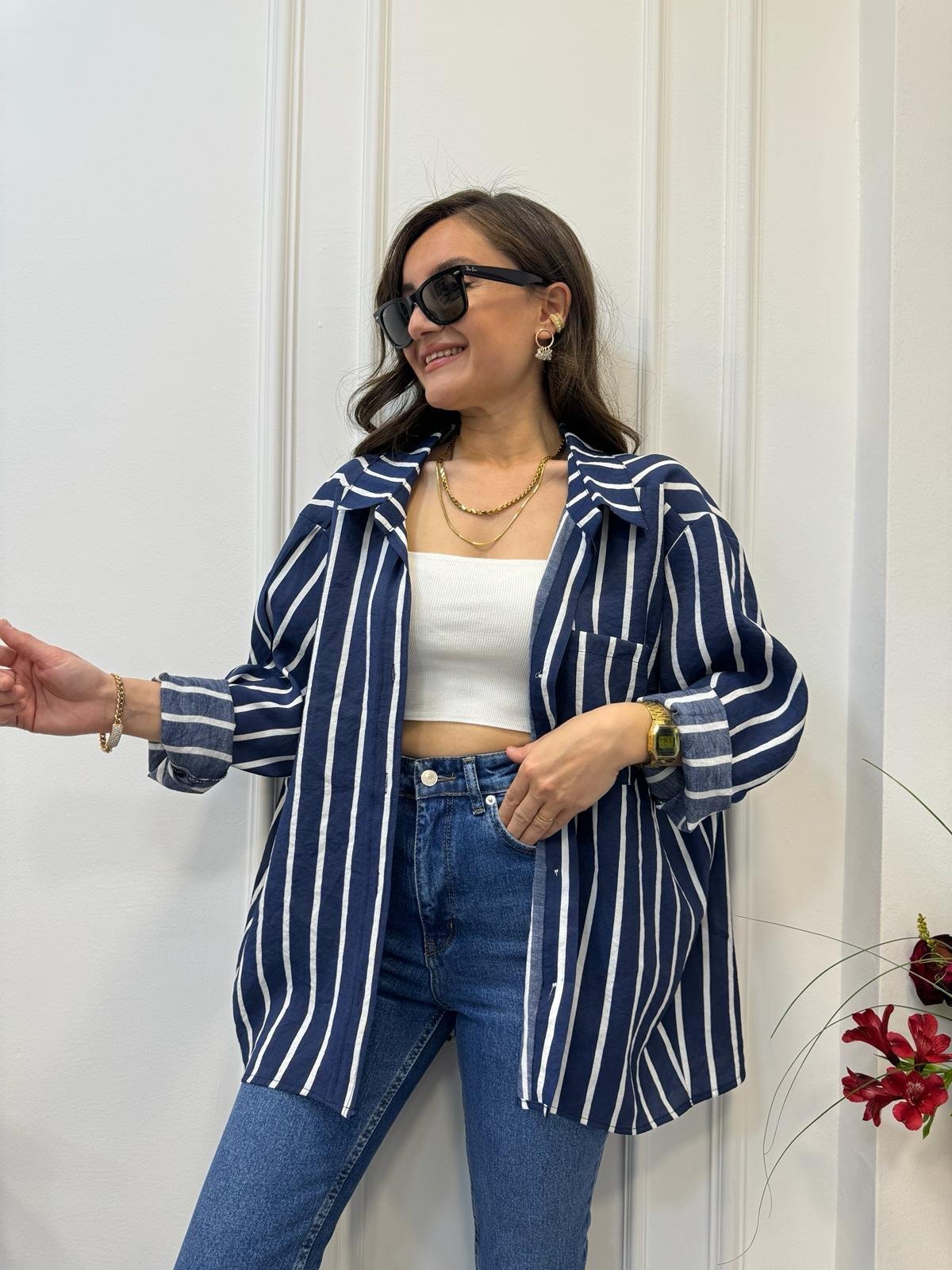 Lacivert Çizgili Tek Cepli Oversize Gömlek 58093