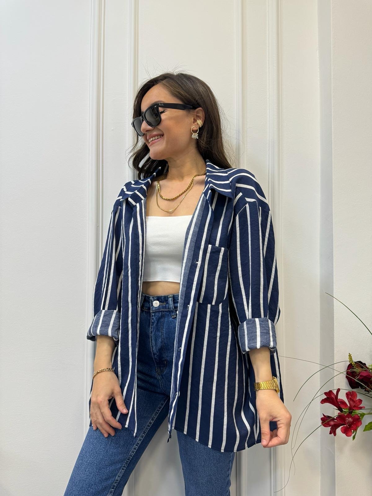 Lacivert Çizgili Tek Cepli Oversize Gömlek 58093