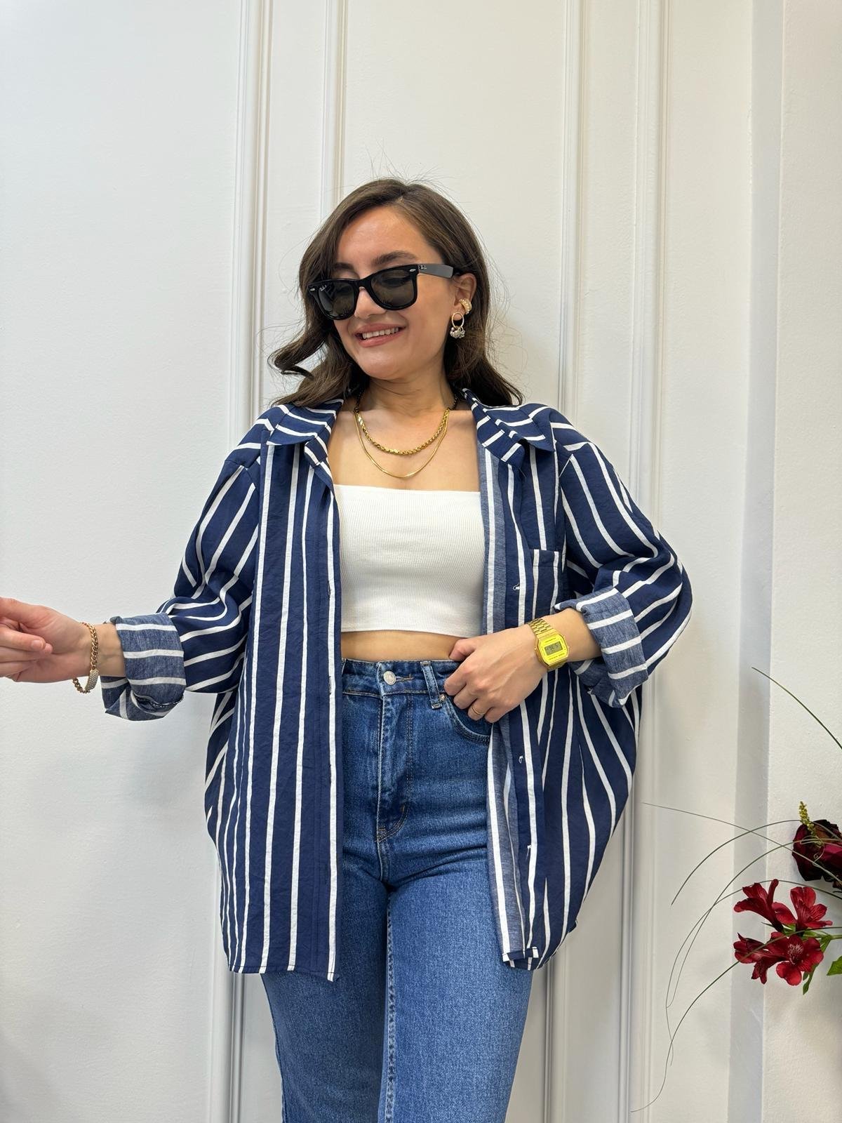 Lacivert Çizgili Tek Cepli Oversize Gömlek 58093