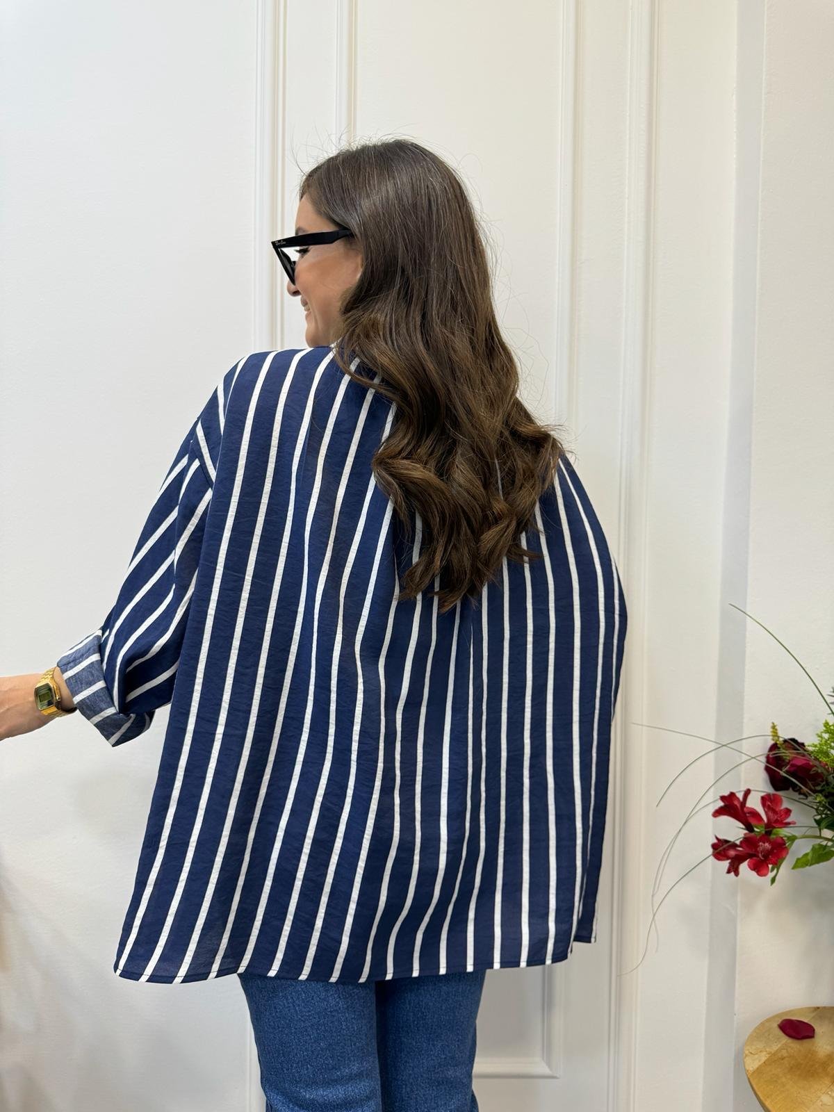 Lacivert Çizgili Tek Cepli Oversize Gömlek 58093